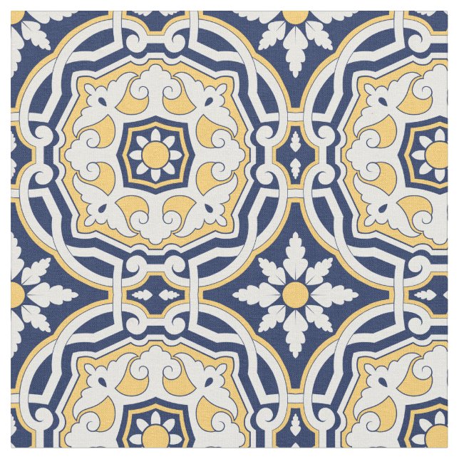 marockansk Abstrakt 2 - blått, Gult Tyg (Närbild)