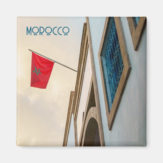 Marockansk arkitektur med flagga, resebild magnet (Framsidan)