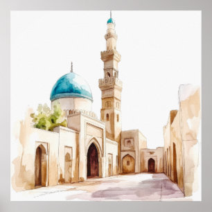 Marockansk blå kupol och minaret akvarell väggkons poster