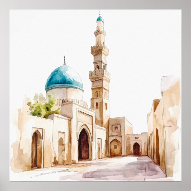 Marockansk blå kupol och minaret akvarell väggkons poster (Framsidan)