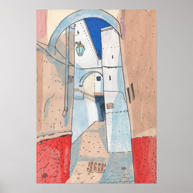 Marockansk gatucityscape Papper Collage Sketch Art Poster (Framsidan)