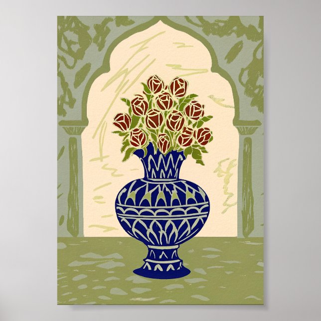 Marockansk geometrisk blå vas med röda rosor affis poster (Framsidan)