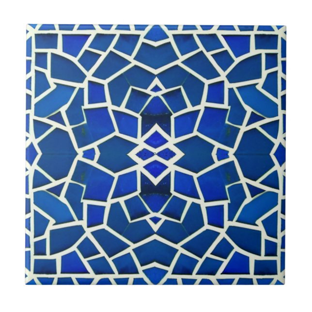 marockansk mosaikblå, vit geometrisk mönster kakelplatta (Framsidan)