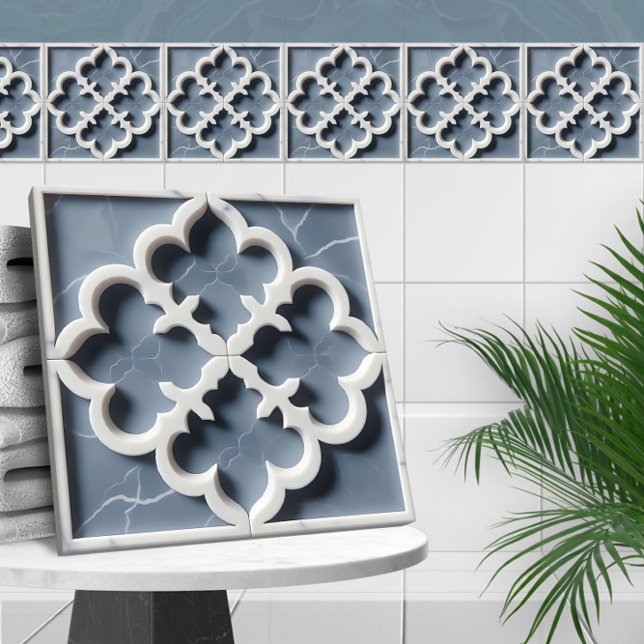 marockansk Quatrefoil Blue och White Marble Kakelplatta (Skapare uppladdad)
