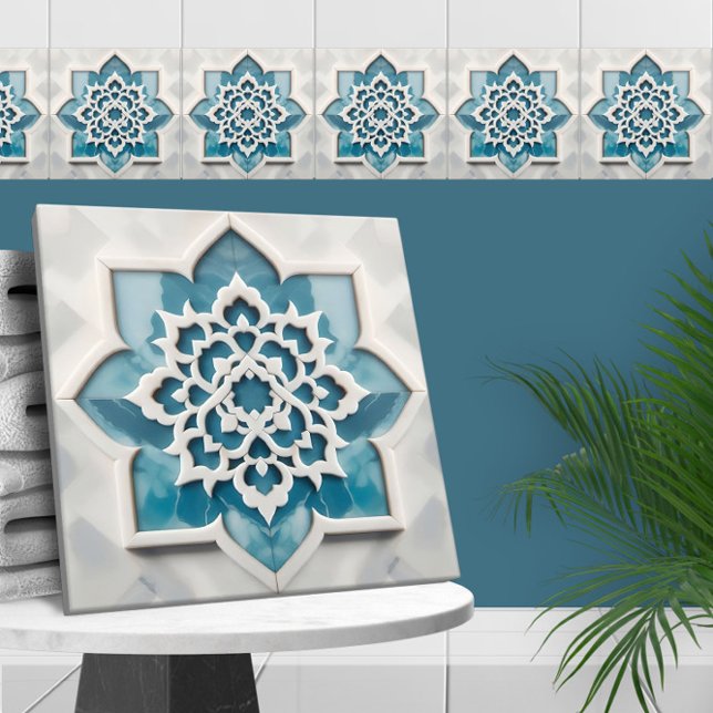 marockansk Quatrefoil Blue och White Marble Kakelplatta (Skapare uppladdad)