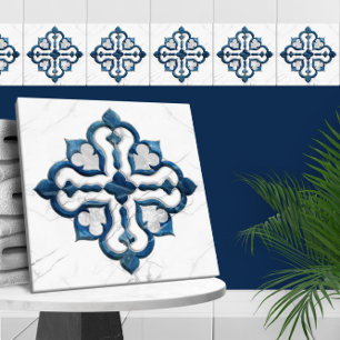 marockansk Quatrefoil Blue och White Marble Kakelplatta