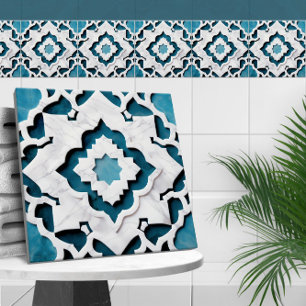 marockansk Quatrefoil Blue och White Marble Kakelplatta