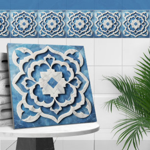 marockansk Quatrefoil Blue och White Marble Kakelplatta