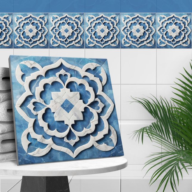 marockansk Quatrefoil Blue och White Marble Kakelplatta (Skapare uppladdad)