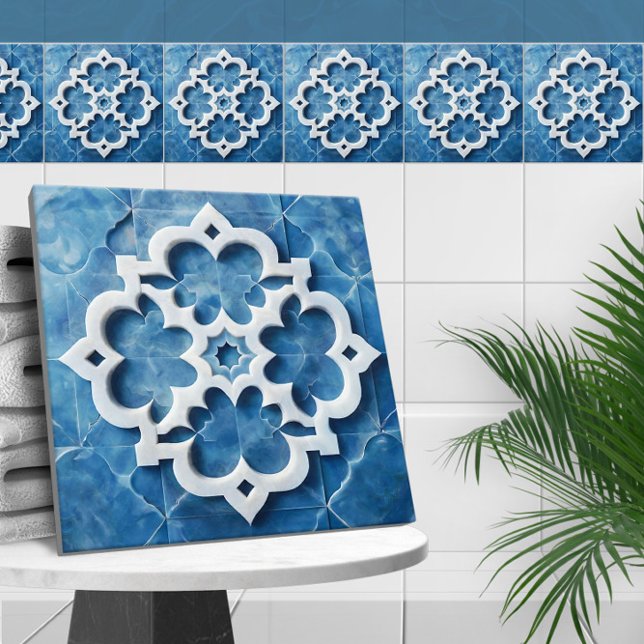 marockansk Quatrefoil Blue och White Marble Kakelplatta (Skapare uppladdad)