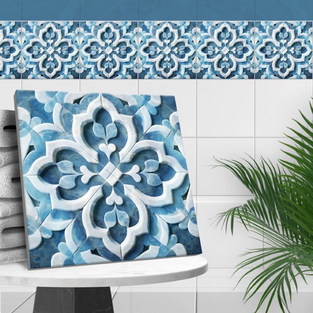 marockansk Quatrefoil Blue och White Marble Kakelplatta (Skapare uppladdad)
