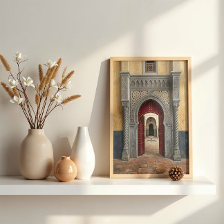 Marockansk Riad Crimson Red Door Oljemålning Poster