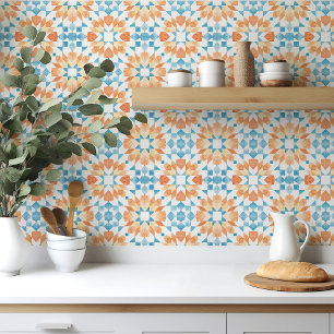 marockansk ruta i blått och orange vattenfärg kakelplatta