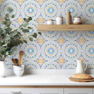 marockansk ruta i blått och orange vattenfärg kakelplatta