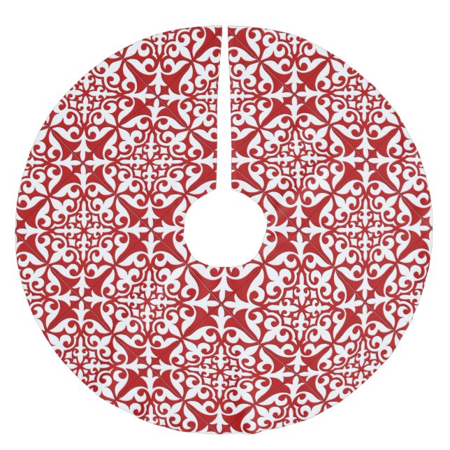 marockansk ruta - mörk röd och vit julgransmatta borstad polyester (Framsidan)