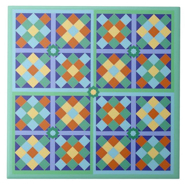 Marockanska block av blå teal guld terracotta kakelplatta (Framsidan)