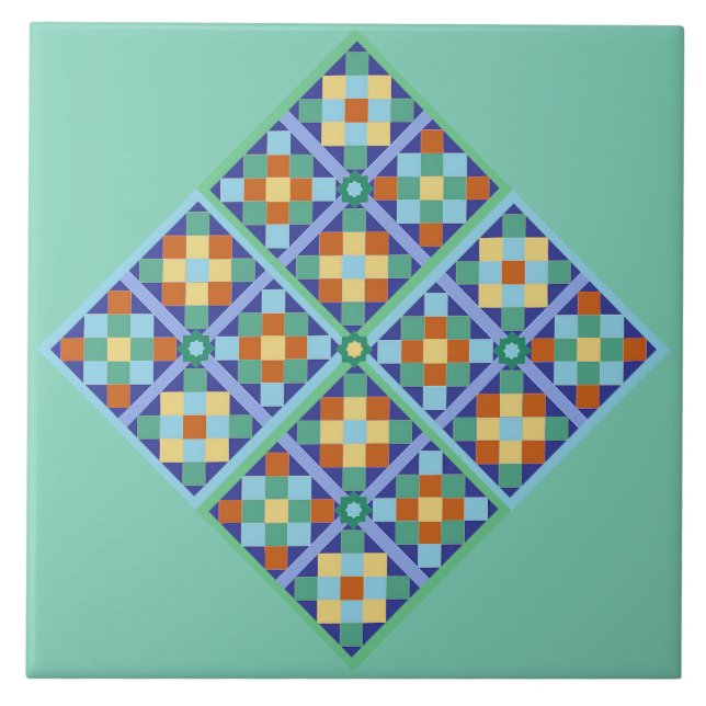 Marockanska block av blå teal guld terracotta kakelplatta (Framsidan)