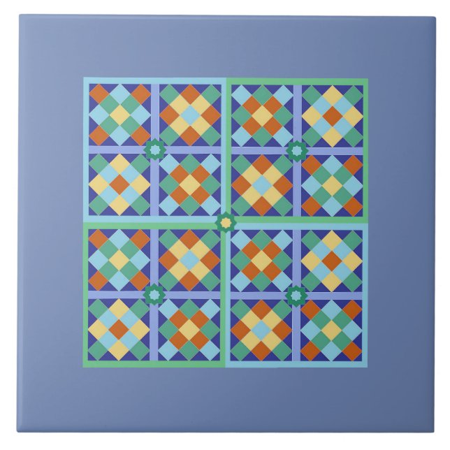 Marockanska block av blå teal guld terracotta kakelplatta (Framsidan)