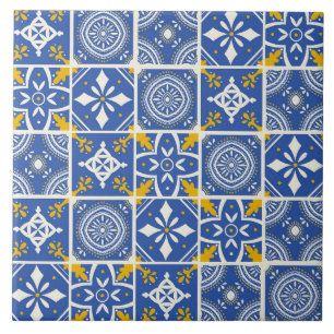 Marockanska Mönster i Teal Blue, Gult, Cream Kakelplatta