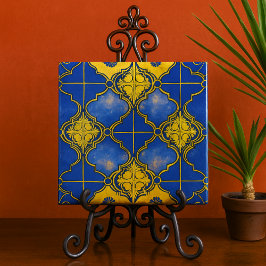 Marockanska Mönster Quatrefoliils Blue och Guld Kakelplatta