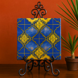Marockanska Mönster Quatrefoliils Blue och Guld Kakelplatta