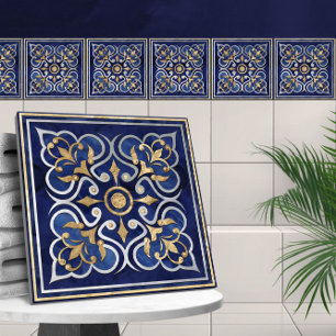 Marockanska ornamenterade blå marble & Guld Kakelplatta
