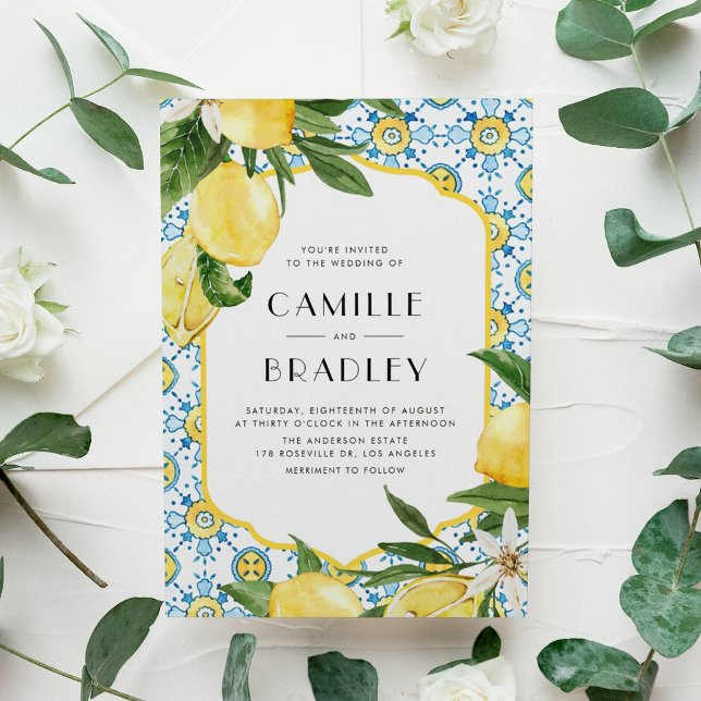 Marockanska plattan och Lemons Medelhavet Bröllop Inbjudan Vykort (Watercolor Moroccan Tile and Lemon Design Mediterranean Wedding Invitation Postcard)