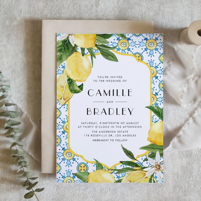 Marockanska plattan och Lemons Medelhavet Bröllop Inbjudningar (Watercolor Moroccan Tile and Lemon Design Mediterranean Wedding Invitation)