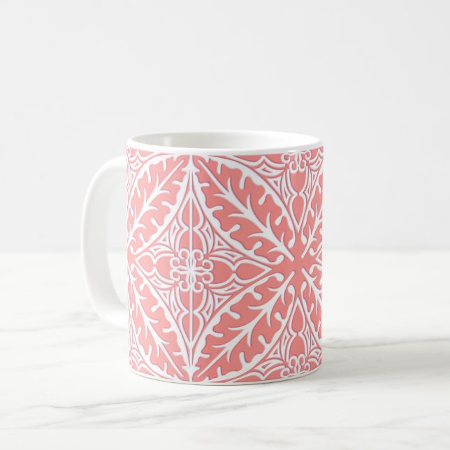 Marockanska plattor - korall rosa och vit korall kaffemugg (Framsida vänster)
