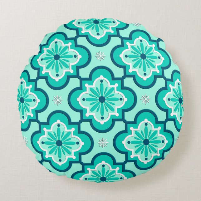 Marockanska Tile Mönster, Aqua och Turquise Rund Kudde (Framsidan)
