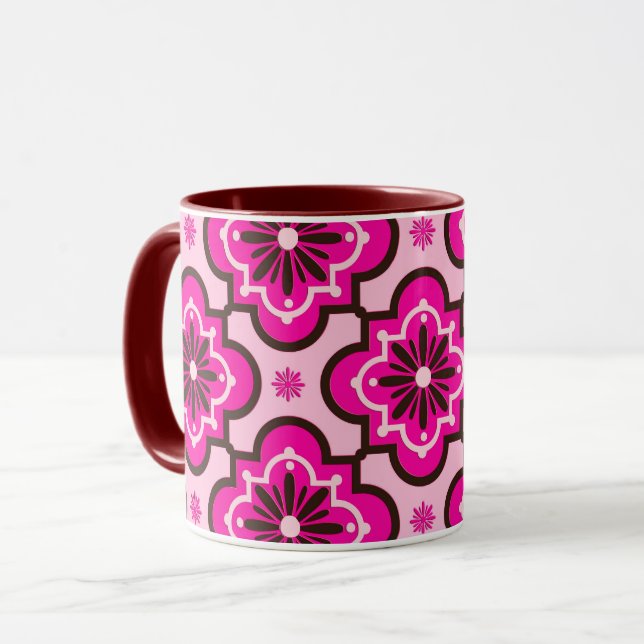 Marockanska Tile Mönster, Fuchsia Rosa och svart Mugg (Framsida vänster)