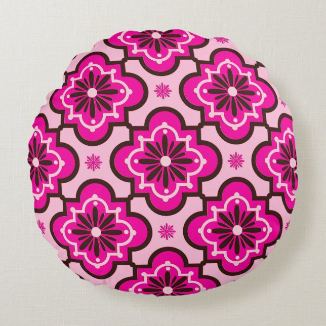 Marockanska Tile Mönster, Fuchsia Rosa och svart Rund Kudde (Framsidan)