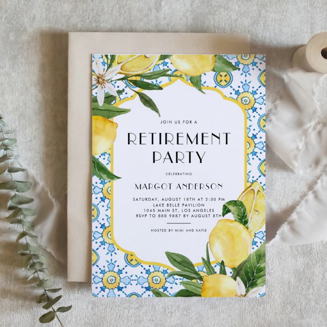 Marockanska Tile Mönster och Lemon Pension Party Inbjudningar (Customizable Retirement Party Invitation featuring Watercolor Moroccan Tile and Lemon Design)