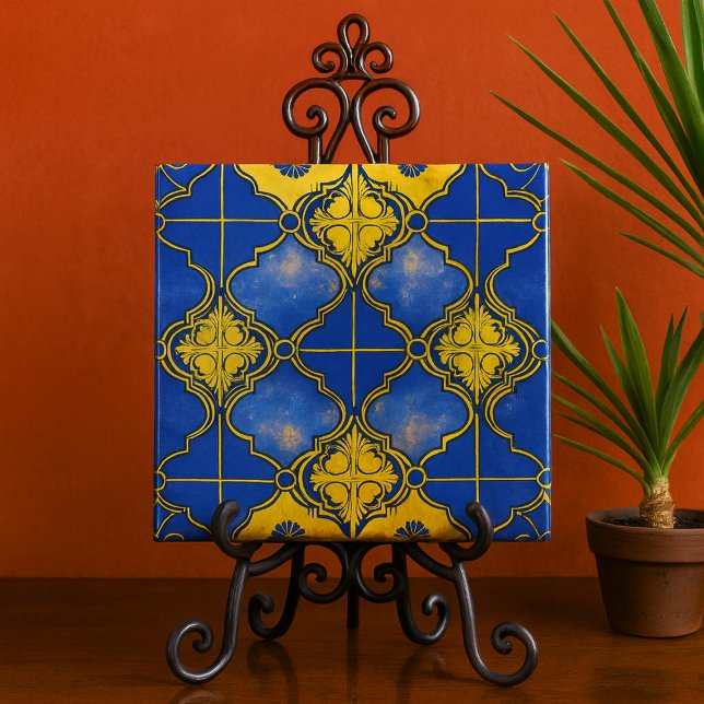 Marockanskt mönster Fyrklöver Blått och Guld Kakelplatta (Moroccan pattern blue and gold decorative ceramic tile for bathroom kitchen patio)
