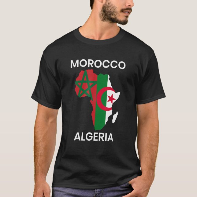 Marocko Algeriet Flagga med Afrika Karta T Shirt (Framsida)