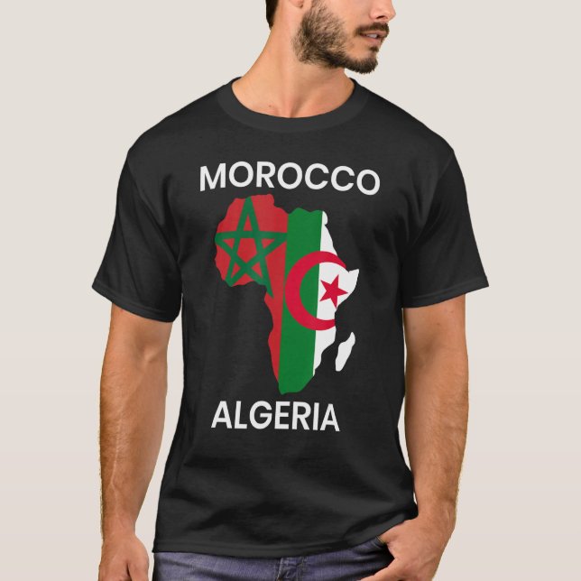 Marocko Algeriet Flagga med Afrika Karta T Shirt (Framsida)