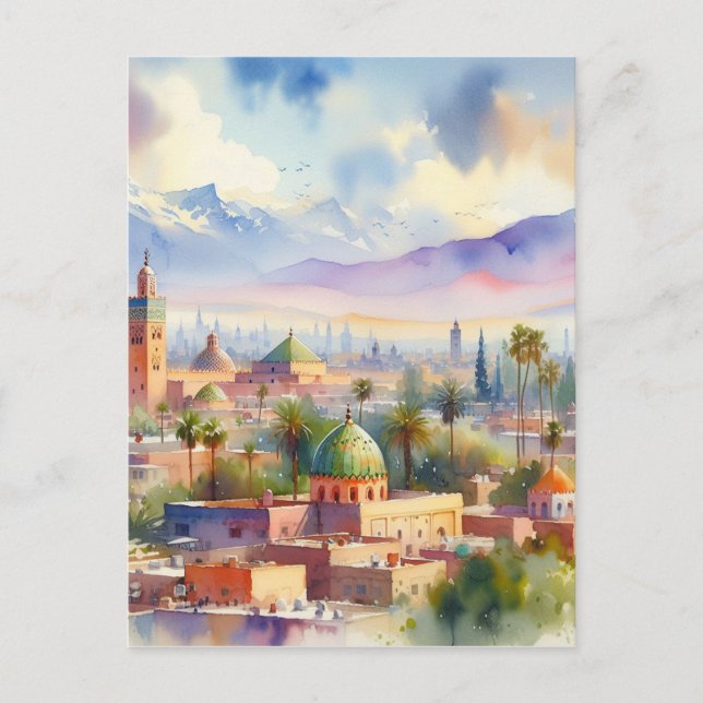 Marocko Cityscape Watercolor Vykort (Framsida)