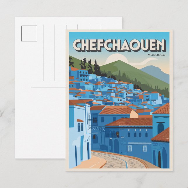 Marocko resepresentkort chefchaoun, blå stad prese vykort (Fram/baksida)