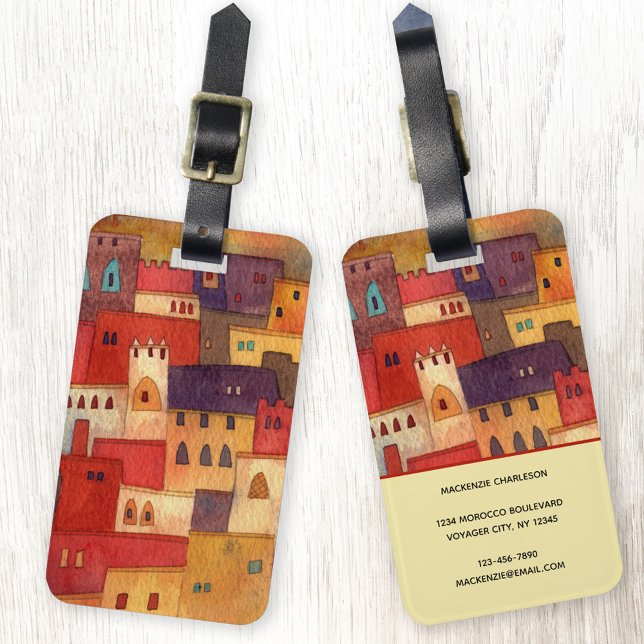 Marocko Vattenfärg Bagagebricka (Morocco watercolor personalized luggage tag)