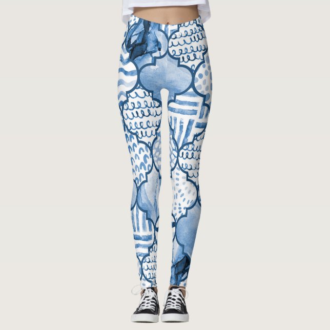 Marockos geometriska, vattenfärgade, sömlösa mönst leggings (Framsida)