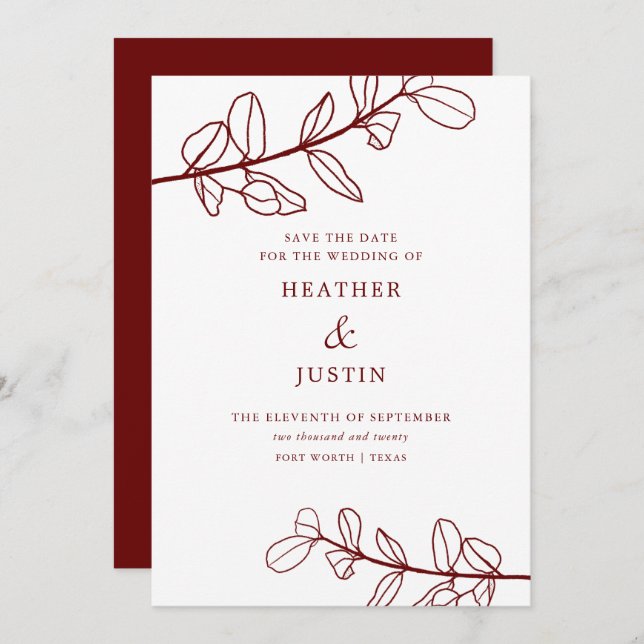 Maron Burgundy Foliage Modern Spara datum Inbjudningar (Fram/baksida)