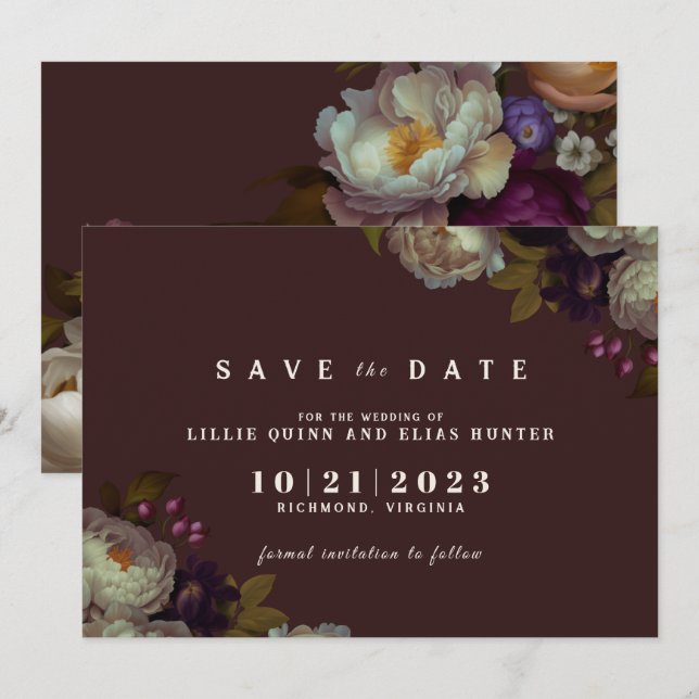 Maron & Elegant Blommigt | Romantisk Mörk Red Spara Datumet (Fram/baksida)