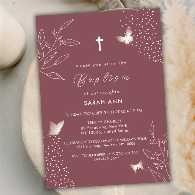 Maron Elegant Löv Butterfly Kor Baptism Inbjudningar (Maroon Elegant Leave Butterfly Cross Baptism Invitation)