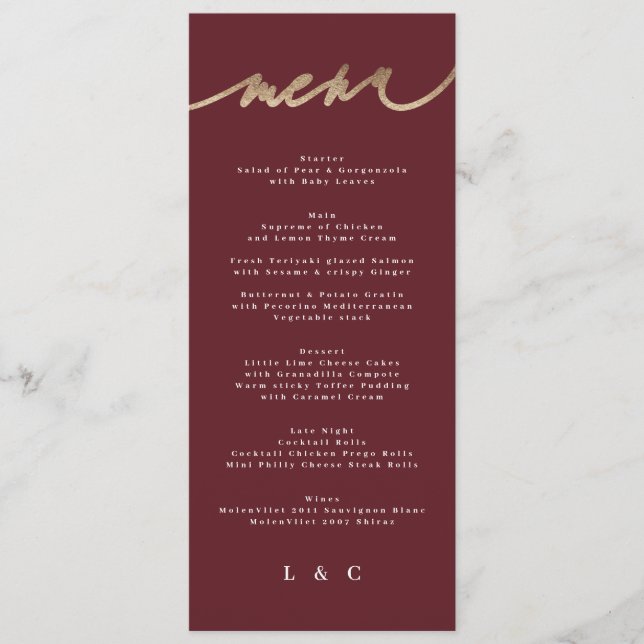 Maron Elegant Mörk Red Plum Burgundy Bröllop Meny (Framsida)