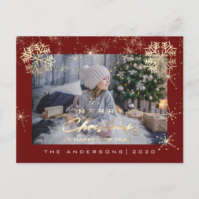 Maron Foto för god jul Lycklig år Guld Snö Vykort (Framsida)