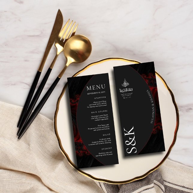 Maron Minimal Elegant B&W Modern Islamiska Bröllop Meny (Skapare uppladdad)