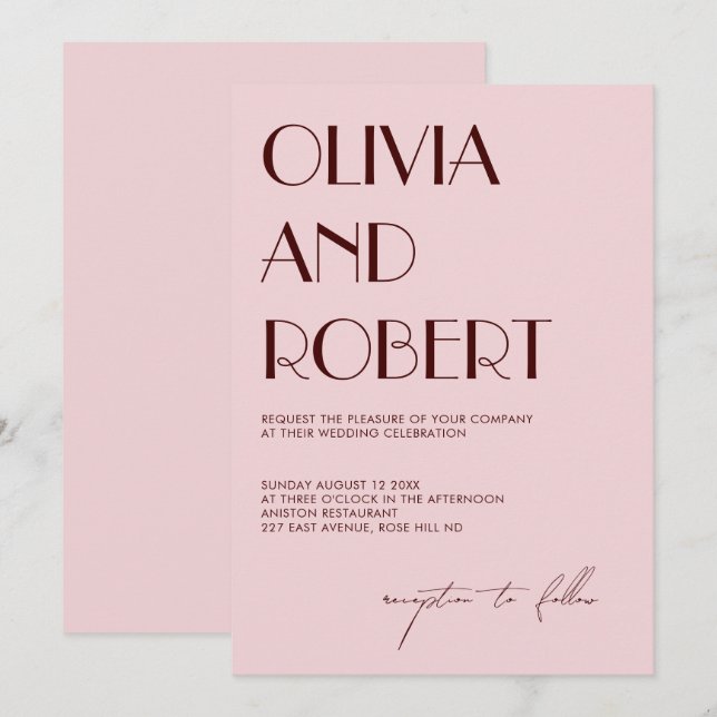 Maron och blek rosa Aestesisk bröllopsinbjudan Inbjudningar (Fram/baksida)