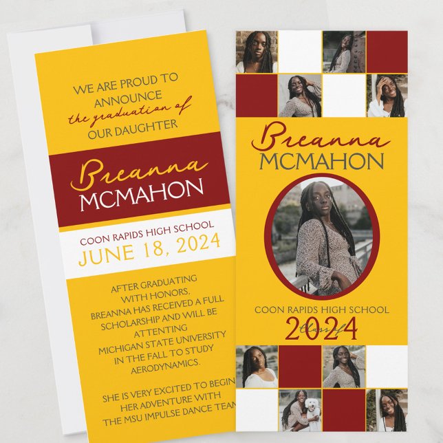 Maron och Guld 9 Photo Studenten annonsering Inbjudningar (Elegant 9 Photo Graduation Double Sided Announcements in Gold Yellow Maroon and White)