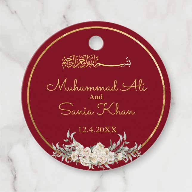 Maron och Guld Blommigt Islamiska muslimska Bröllo Gåvor Etiketter (Framsida)