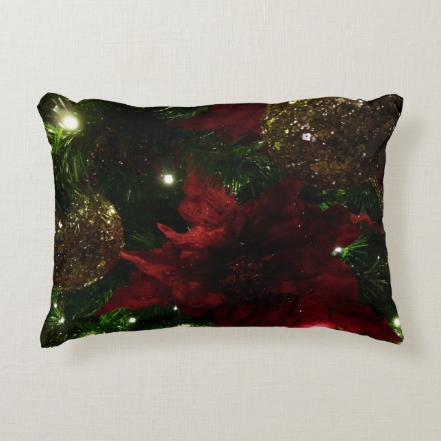 Maron och Guld Julgran I Helgdag Photo Prydnadskudde (Framsidan)